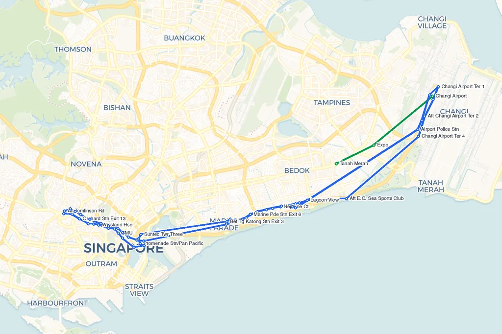 Map of Changi Airport and the Tanah Merah MRT branch
