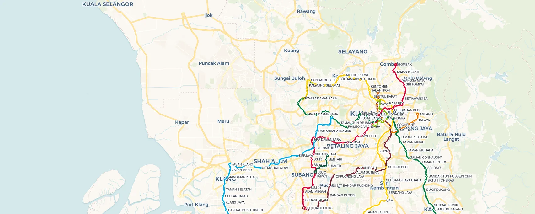 Map of the Klang Valley with all KL rail lines drawn