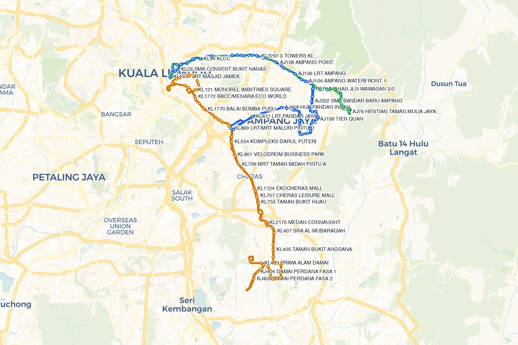 Street map of central Kuala Lumpur where Rapid KL trunk buses converge