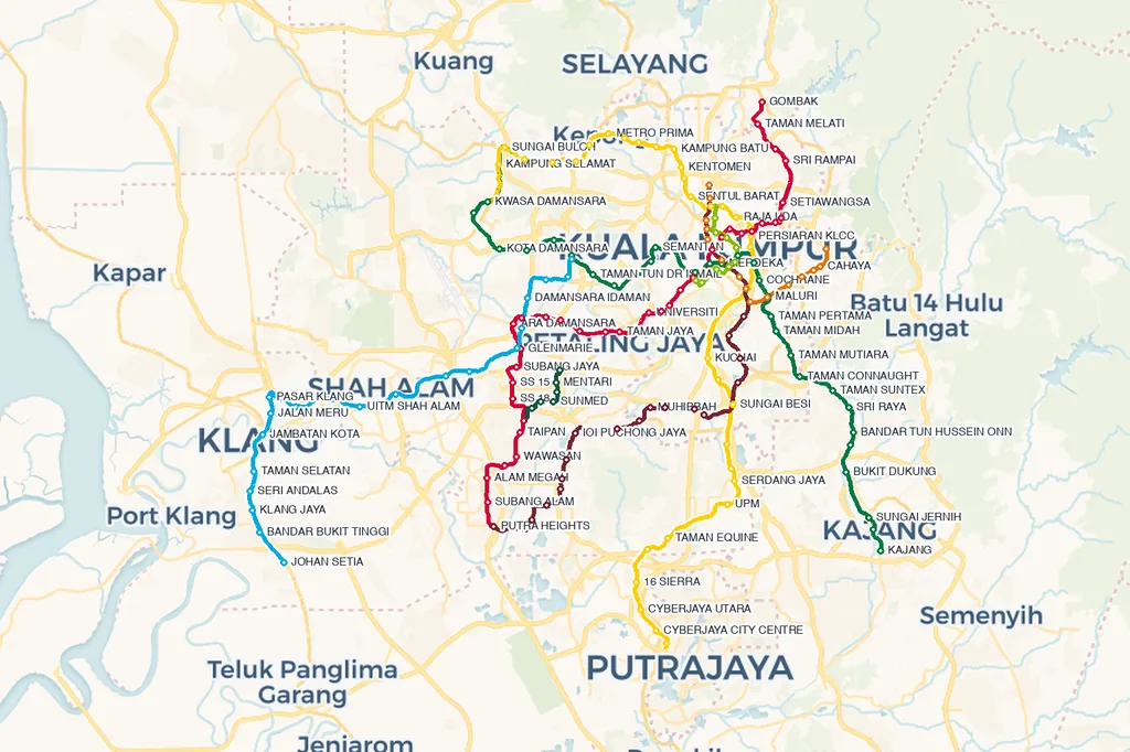 Map of the Klang Valley showing the area covered by KL MRT, LRT and Monorail lines