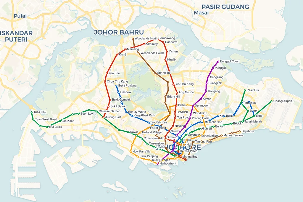 Map of Singapore island covered by the MRT network